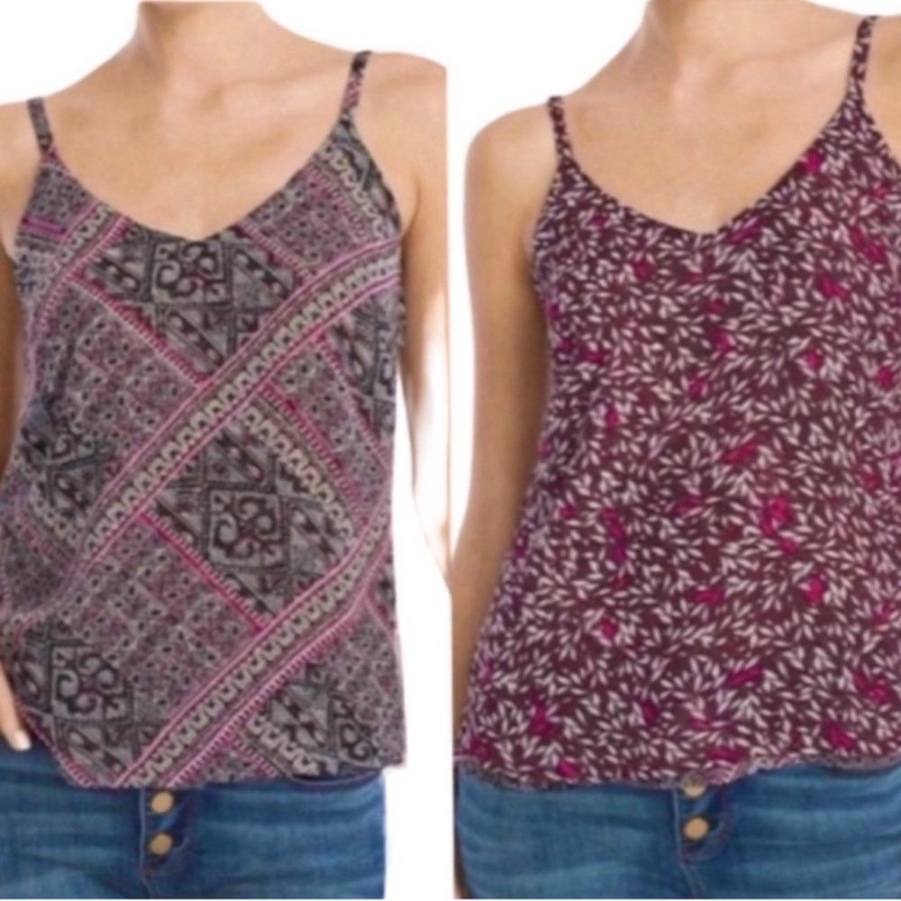 WHBM Reversible Camisole V-neck Printed Top Maroon Red Pink Ecru Black Size L